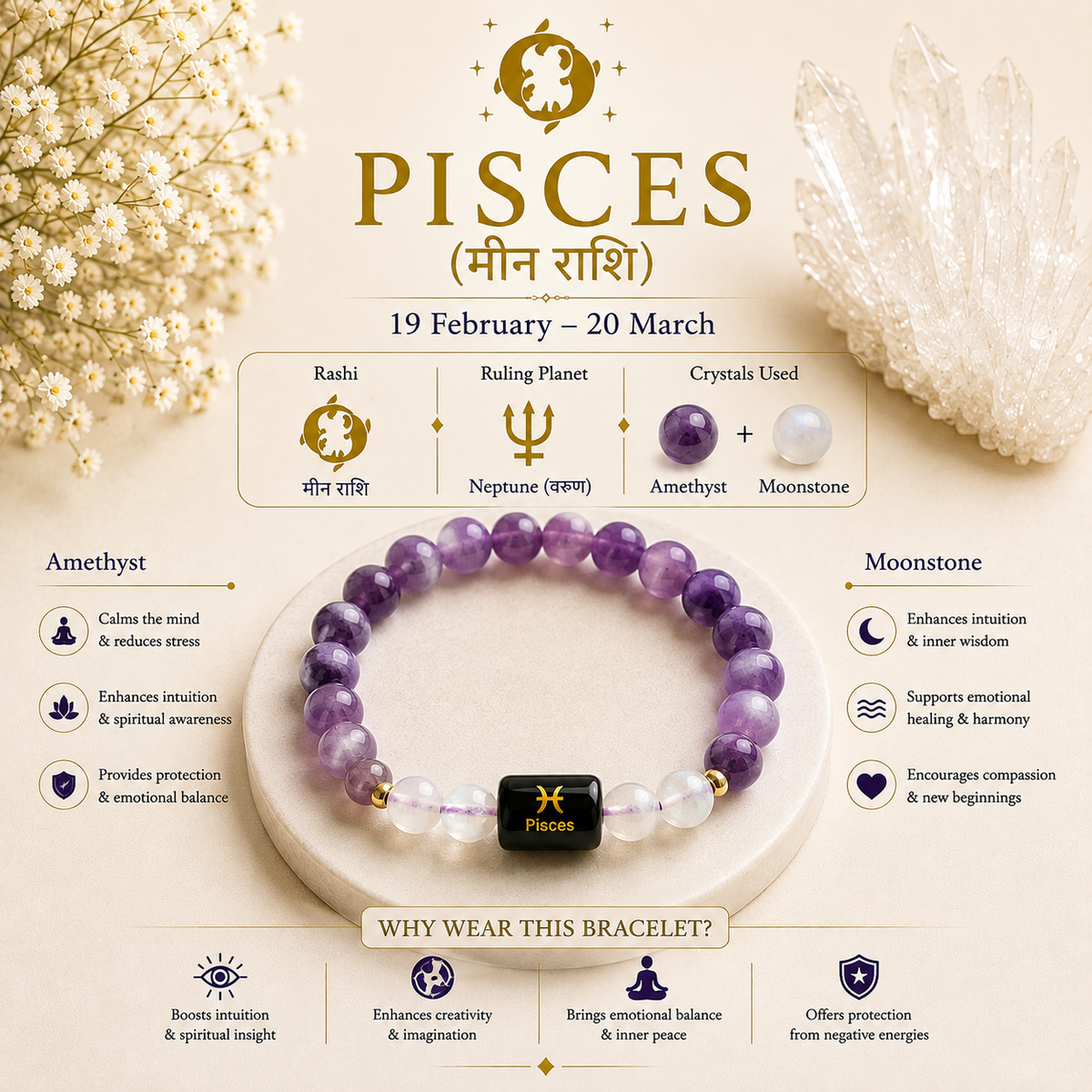 Pisces (मीन राशि) Zodiac Bracelet – Amethyst & Moonstone