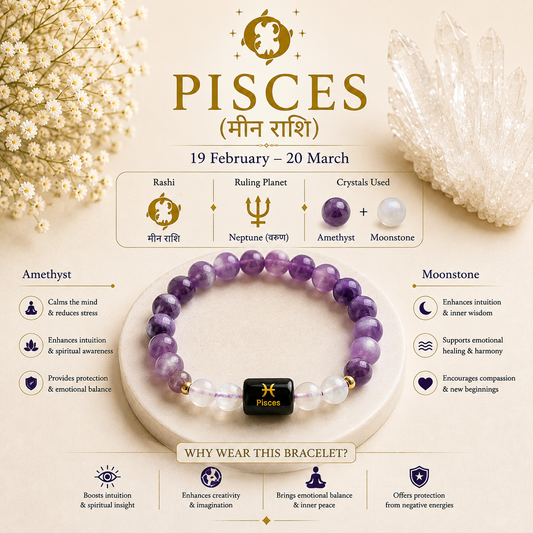 Pisces (मीन राशि) Zodiac Bracelet – Amethyst & Moonstone