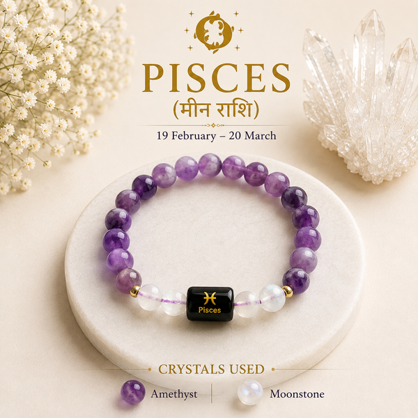 Pisces (मीन राशि) Zodiac Bracelet – Amethyst & Moonstone