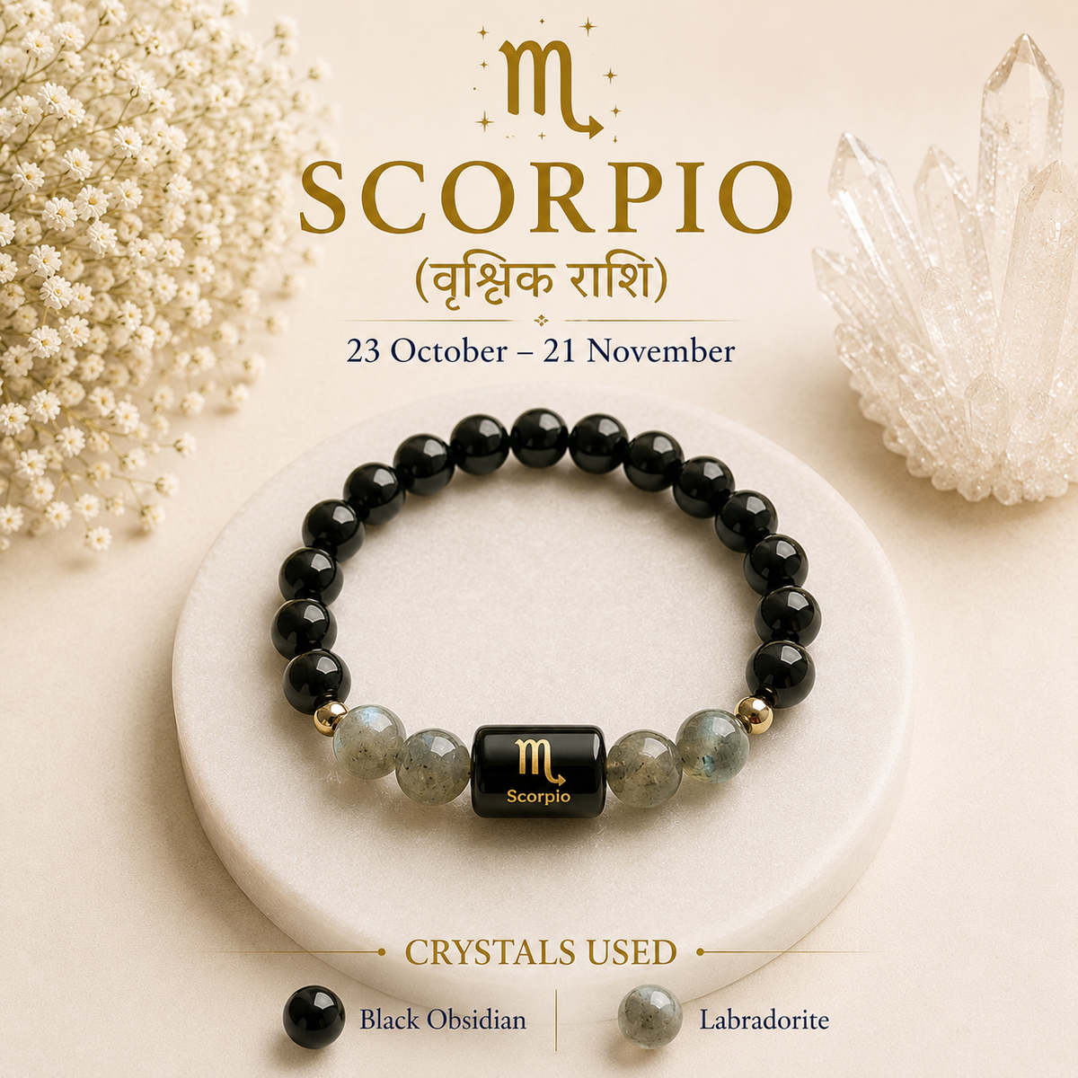 Scorpio (वृश्चिक राशि) Zodiac Bracelet – Black Obsidian & Labradorite
