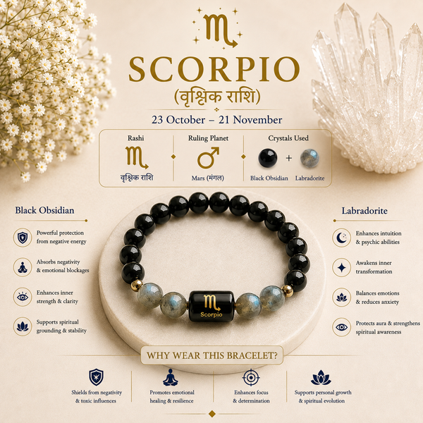 Scorpio (वृश्चिक राशि) Zodiac Bracelet – Black Obsidian & Labradorite