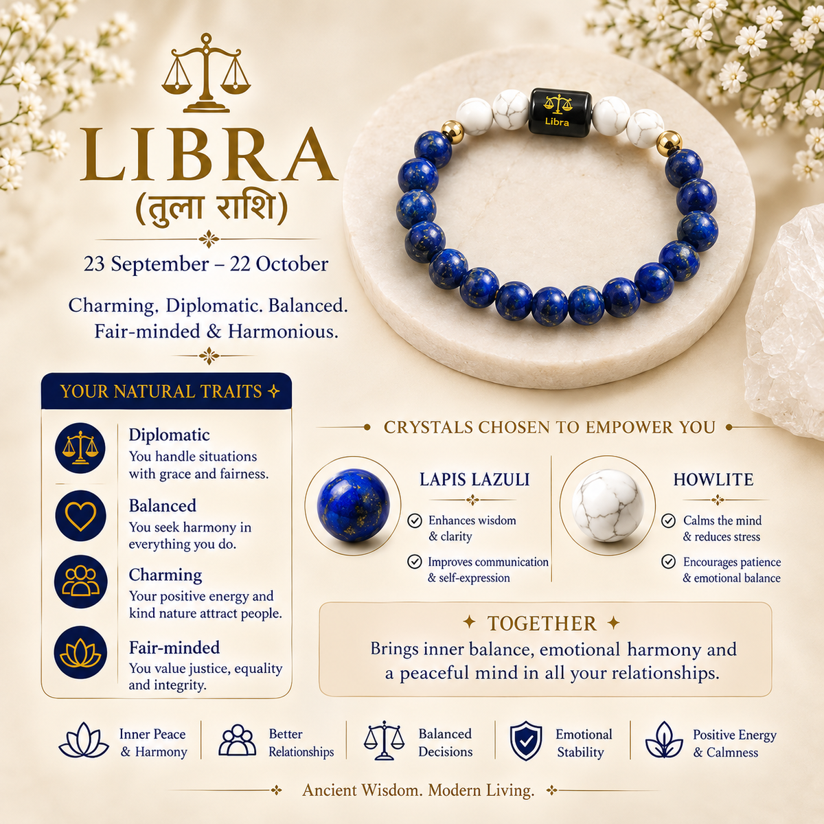 Libra (तुला राशि) Zodiac Bracelet – Lapis Lazuli & Howlite