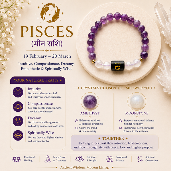 Pisces (मीन राशि) Zodiac Bracelet – Amethyst & Moonstone