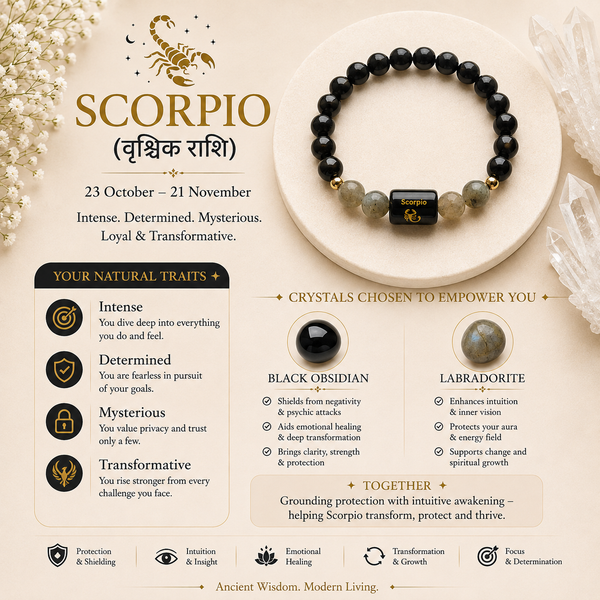 Scorpio (वृश्चिक राशि) Zodiac Bracelet – Black Obsidian & Labradorite