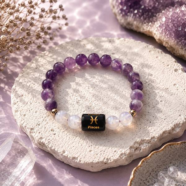 Pisces (मीन राशि) Zodiac Bracelet – Amethyst & Moonstone