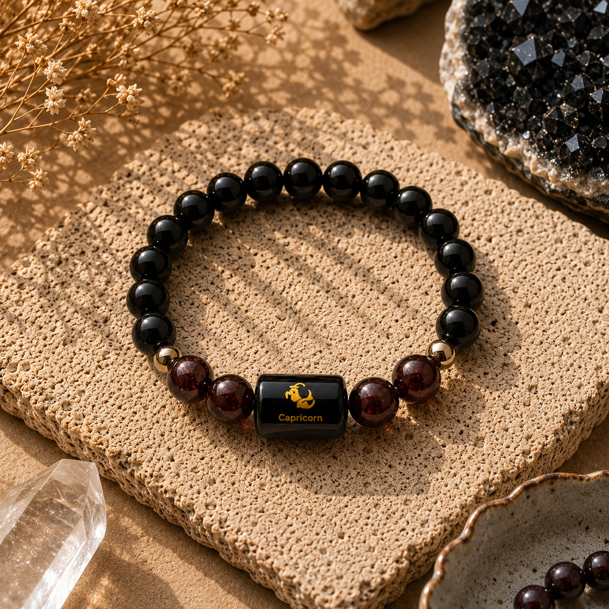 Capricorn (मकर राशि) Zodiac Bracelet – Black Onyx & Garnet