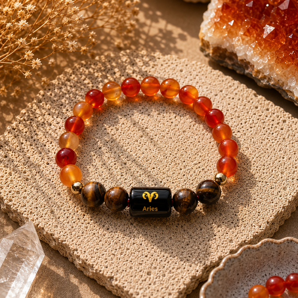 Aries (मेष राशि) Zodiac Bracelet – Carnelian & Tiger's Eye