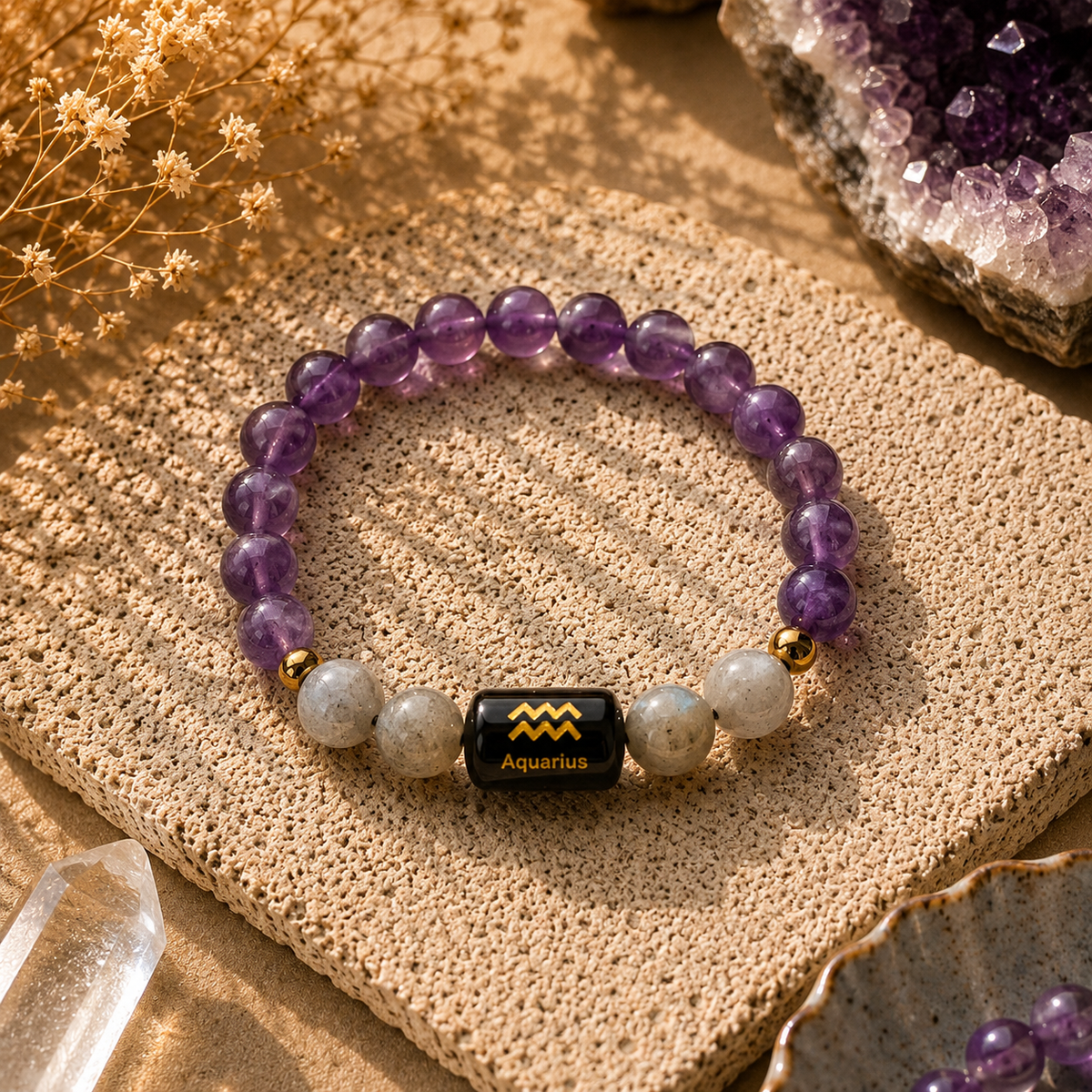 Aquarius (कुंभ राशि) Zodiac Bracelet – Amethyst & Labradorite